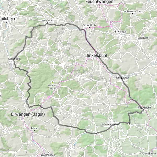 Map miniature of "Zöbingen and the Natural Beauty of Schwaben" cycling inspiration in Schwaben, Germany. Generated by Tarmacs.app cycling route planner