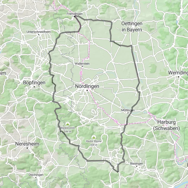 Map miniature of "Challenging Road Cycling Experience to Geislingen" cycling inspiration in Schwaben, Germany. Generated by Tarmacs.app cycling route planner