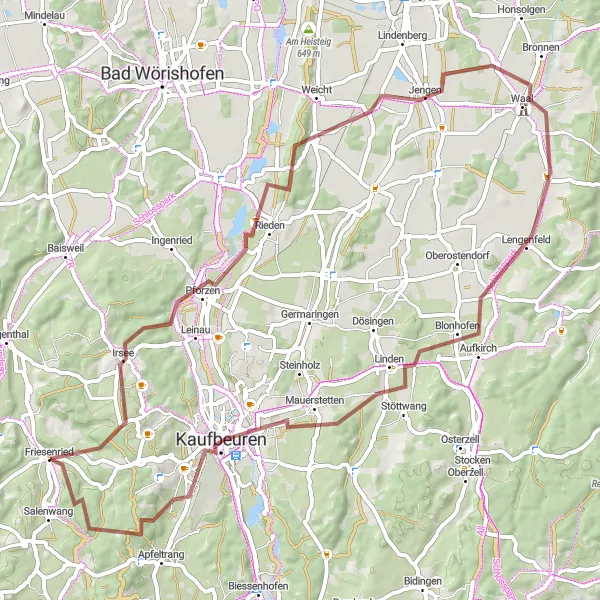 Map miniature of "Waalhaupten Gravel Adventure" cycling inspiration in Schwaben, Germany. Generated by Tarmacs.app cycling route planner