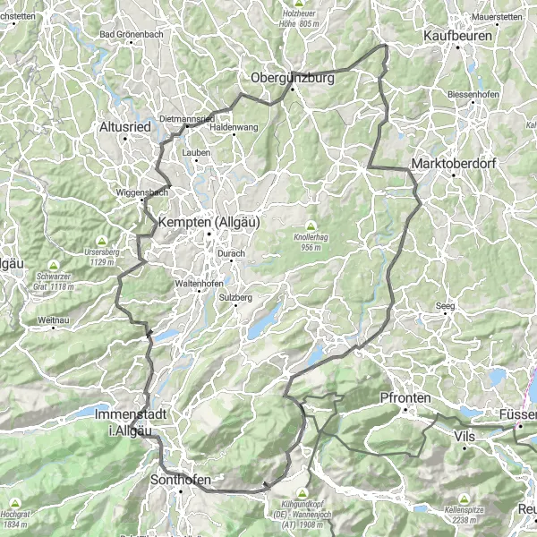 Map miniature of "Allgäu Lake Circuit" cycling inspiration in Schwaben, Germany. Generated by Tarmacs.app cycling route planner