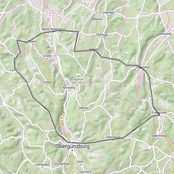 Map miniature of "Obergünzburg Loop" cycling inspiration in Schwaben, Germany. Generated by Tarmacs.app cycling route planner