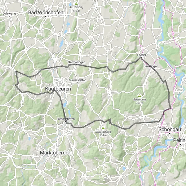 Map miniature of "Romantic Road Adventure" cycling inspiration in Schwaben, Germany. Generated by Tarmacs.app cycling route planner