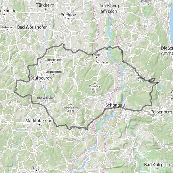 Map miniature of "Tour de Schwaben" cycling inspiration in Schwaben, Germany. Generated by Tarmacs.app cycling route planner