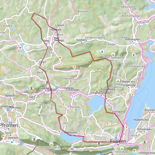 Karten-Miniaturansicht der Radinspiration "Graveltour um Füssen" in Schwaben, Germany. Erstellt vom Tarmacs.app-Routenplaner für Radtouren