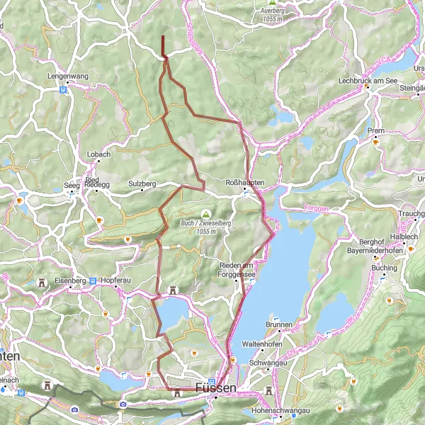 Map miniature of "Füssen-Roßhaupten Adventure" cycling inspiration in Schwaben, Germany. Generated by Tarmacs.app cycling route planner