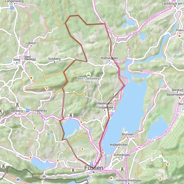 Karten-Miniaturansicht der Radinspiration "Naturabenteuer bei Füssen" in Schwaben, Germany. Erstellt vom Tarmacs.app-Routenplaner für Radtouren