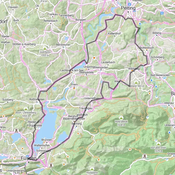 Map miniature of "Füssen to Former St Mang’s Abbey Loop" cycling inspiration in Schwaben, Germany. Generated by Tarmacs.app cycling route planner