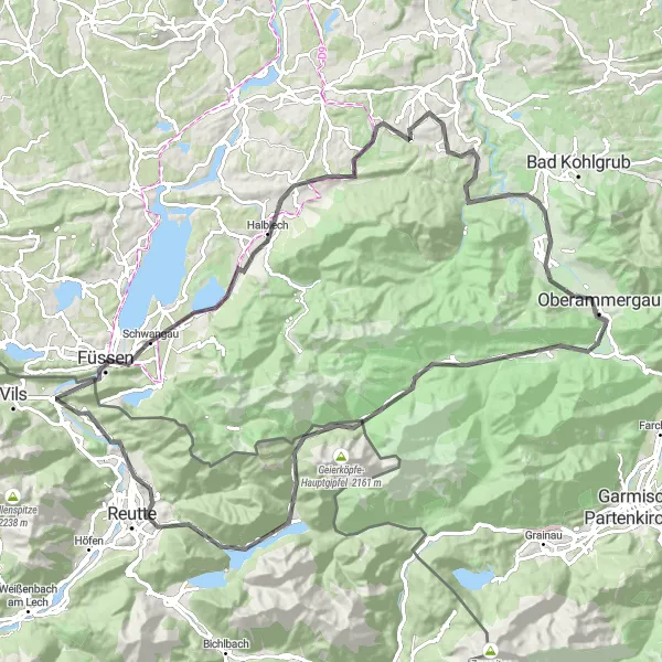 Map miniature of "Oberammergau and Linderhof Palace Circuit" cycling inspiration in Schwaben, Germany. Generated by Tarmacs.app cycling route planner