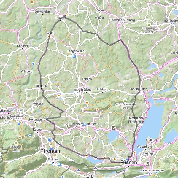 Map miniature of "Füssener Land Loop" cycling inspiration in Schwaben, Germany. Generated by Tarmacs.app cycling route planner