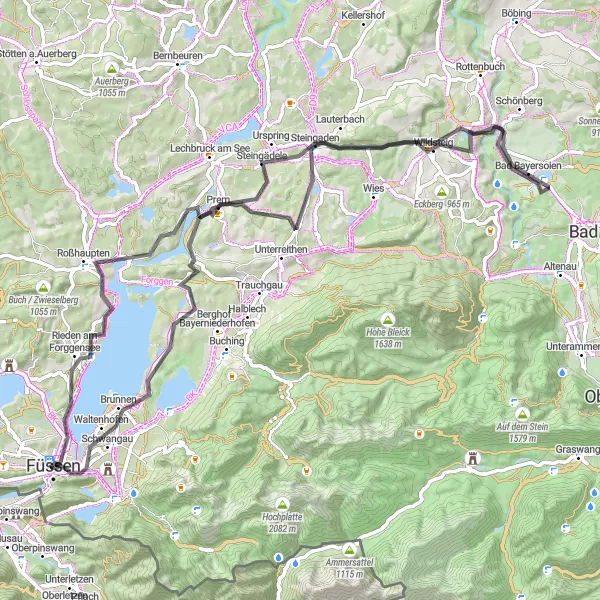 Map miniature of "Steingaden Circular Route" cycling inspiration in Schwaben, Germany. Generated by Tarmacs.app cycling route planner