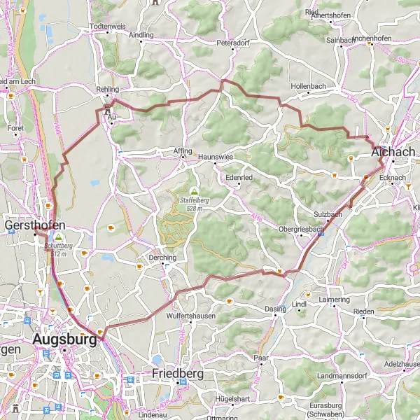 Map miniature of "Unterschneitbach and Firnhaberau" cycling inspiration in Schwaben, Germany. Generated by Tarmacs.app cycling route planner