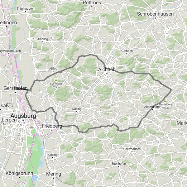 Map miniature of "Wind through Hügel Land" cycling inspiration in Schwaben, Germany. Generated by Tarmacs.app cycling route planner