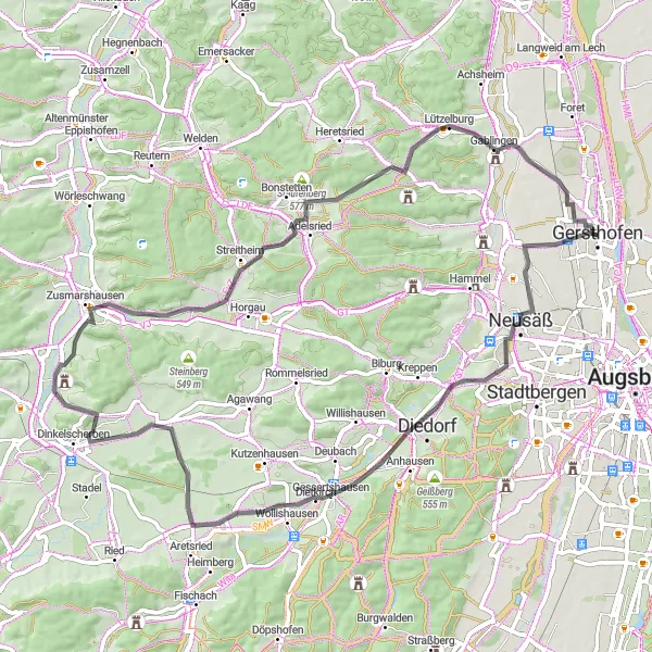 Map miniature of "Scenic Tour around Neusäß" cycling inspiration in Schwaben, Germany. Generated by Tarmacs.app cycling route planner