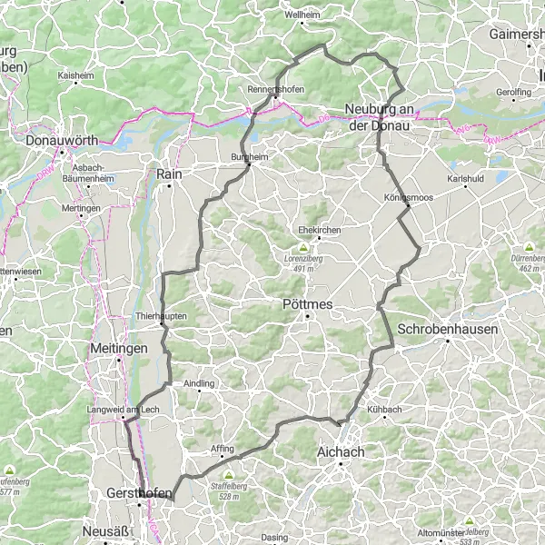 Map miniature of "Thierhaupten Road Adventure" cycling inspiration in Schwaben, Germany. Generated by Tarmacs.app cycling route planner