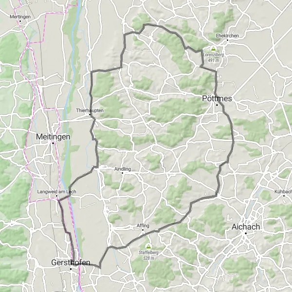 Karten-Miniaturansicht der Radinspiration "Rund um Gersthofen und Pöttmes" in Schwaben, Germany. Erstellt vom Tarmacs.app-Routenplaner für Radtouren