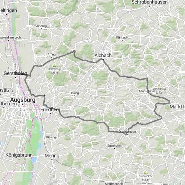 Map miniature of "Thalhausen and Rehrosbach" cycling inspiration in Schwaben, Germany. Generated by Tarmacs.app cycling route planner