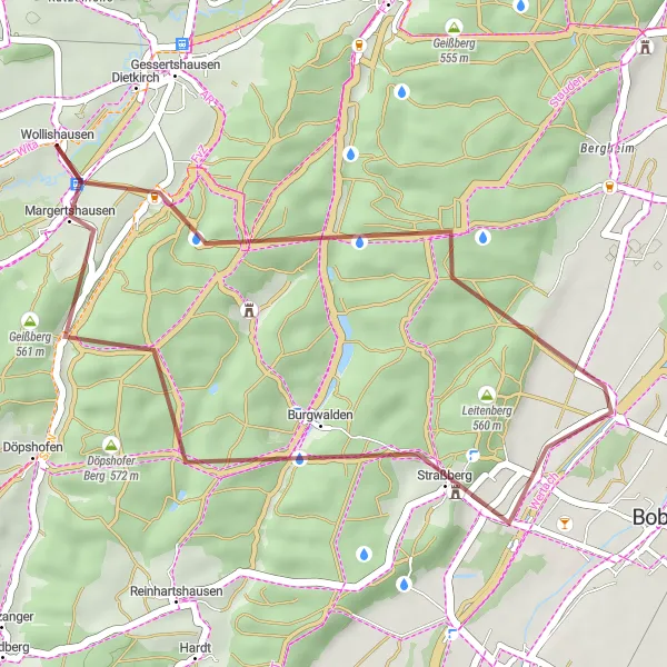 Map miniature of "Around Gessertshausen Gravel Route" cycling inspiration in Schwaben, Germany. Generated by Tarmacs.app cycling route planner