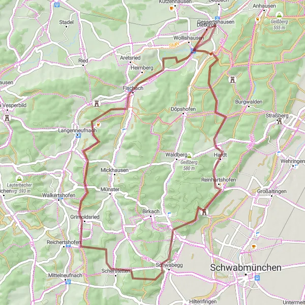 Map miniature of "Scenic Gravel Ride through Gessertshausen" cycling inspiration in Schwaben, Germany. Generated by Tarmacs.app cycling route planner