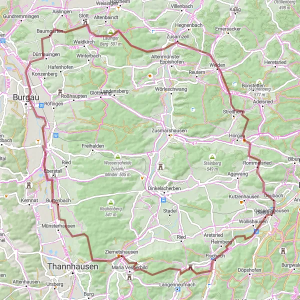 Karten-Miniaturansicht der Radinspiration "Schönes Gravel-Abenteuer um Gessertshausen" in Schwaben, Germany. Erstellt vom Tarmacs.app-Routenplaner für Radtouren