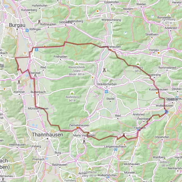 Map miniature of "Gravel Paradise" cycling inspiration in Schwaben, Germany. Generated by Tarmacs.app cycling route planner