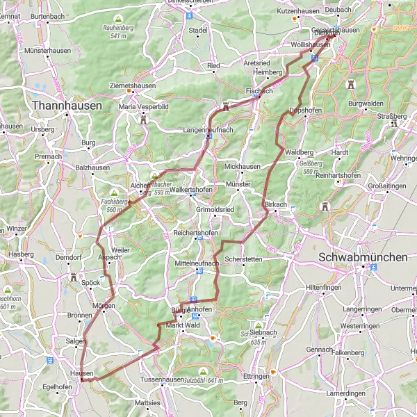 Map miniature of "Itzlishofen to Dietkirch Gravel Cycling Route" cycling inspiration in Schwaben, Germany. Generated by Tarmacs.app cycling route planner