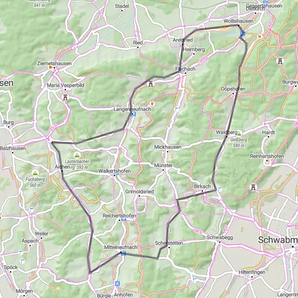 Map miniature of "The Schwaben Loop" cycling inspiration in Schwaben, Germany. Generated by Tarmacs.app cycling route planner
