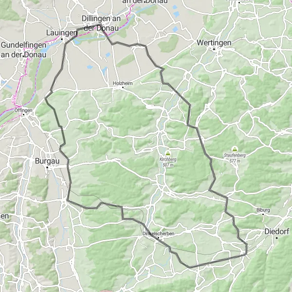 Map miniature of "The Romantic Road Adventure" cycling inspiration in Schwaben, Germany. Generated by Tarmacs.app cycling route planner