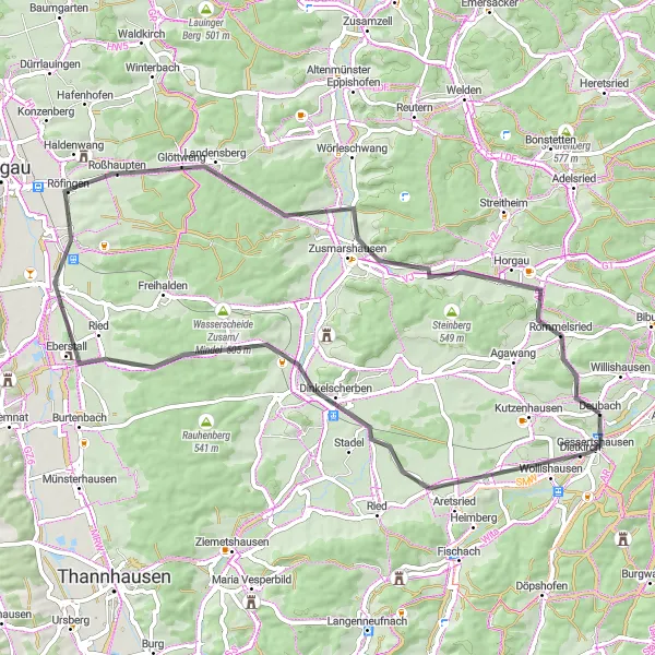 Map miniature of "Countryside Gem Road Tour" cycling inspiration in Schwaben, Germany. Generated by Tarmacs.app cycling route planner