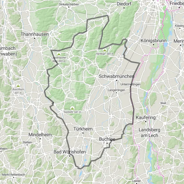 Karten-Miniaturansicht der Radinspiration "Schwaben-Rundfahrt von Gessertshausen nach Wollishausen" in Schwaben, Germany. Erstellt vom Tarmacs.app-Routenplaner für Radtouren