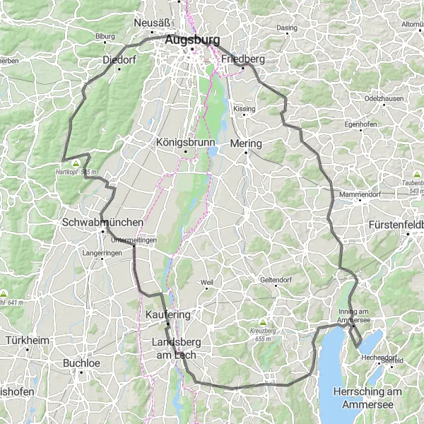 Map miniature of "Diedorf to Landsberg am Lech Cycling Route" cycling inspiration in Schwaben, Germany. Generated by Tarmacs.app cycling route planner