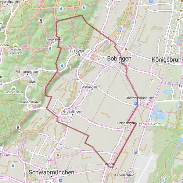 Karten-Miniaturansicht der Radinspiration "Gravel-Tour durch Großaitingen" in Schwaben, Germany. Erstellt vom Tarmacs.app-Routenplaner für Radtouren