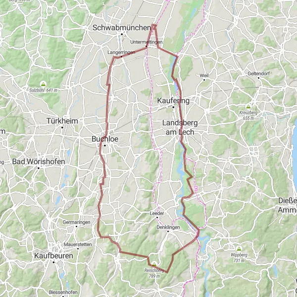 Map miniature of "Gravel Adventure: Graben Circuit via Klosterlechfeld" cycling inspiration in Schwaben, Germany. Generated by Tarmacs.app cycling route planner