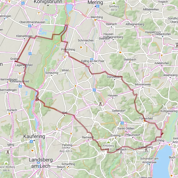 Map miniature of "Klosterlechfeld Road Adventure" cycling inspiration in Schwaben, Germany. Generated by Tarmacs.app cycling route planner