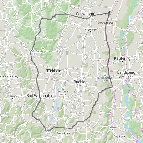 Map miniature of "Graben Discovery Loop via Untermeitingen" cycling inspiration in Schwaben, Germany. Generated by Tarmacs.app cycling route planner