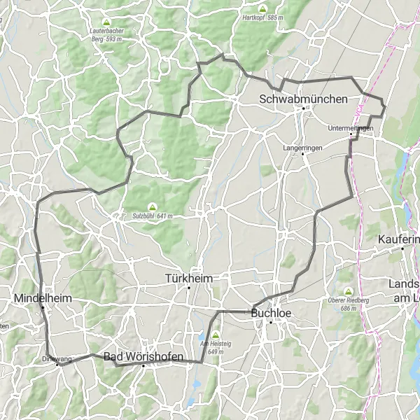 Map miniature of "Scenic Road Cycling: Graben Circular Route" cycling inspiration in Schwaben, Germany. Generated by Tarmacs.app cycling route planner