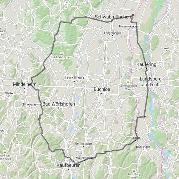 Map miniature of "Graben Challenge: Scenic Road Cycling Route" cycling inspiration in Schwaben, Germany. Generated by Tarmacs.app cycling route planner