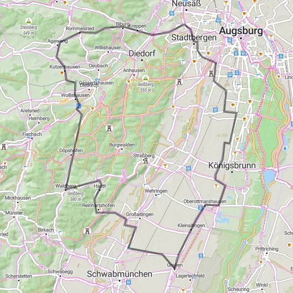 Map miniature of "Graben Loop via Großaitingen" cycling inspiration in Schwaben, Germany. Generated by Tarmacs.app cycling route planner