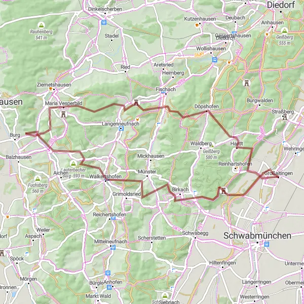 Map miniature of "Quintessential Schwaben Gravel Ride" cycling inspiration in Schwaben, Germany. Generated by Tarmacs.app cycling route planner