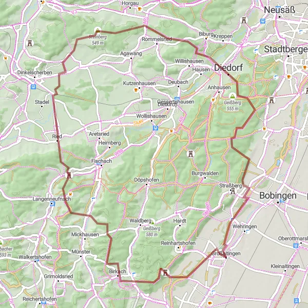 Map miniature of "The Lechfeld Adventure" cycling inspiration in Schwaben, Germany. Generated by Tarmacs.app cycling route planner