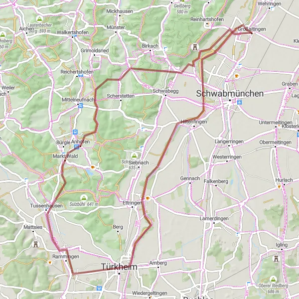 Map miniature of "The Bavarian Gravel Delight" cycling inspiration in Schwaben, Germany. Generated by Tarmacs.app cycling route planner