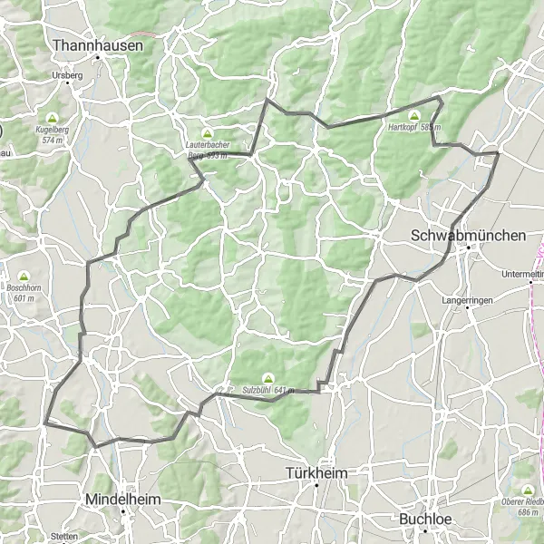 Map miniature of "The Hill Towns" cycling inspiration in Schwaben, Germany. Generated by Tarmacs.app cycling route planner