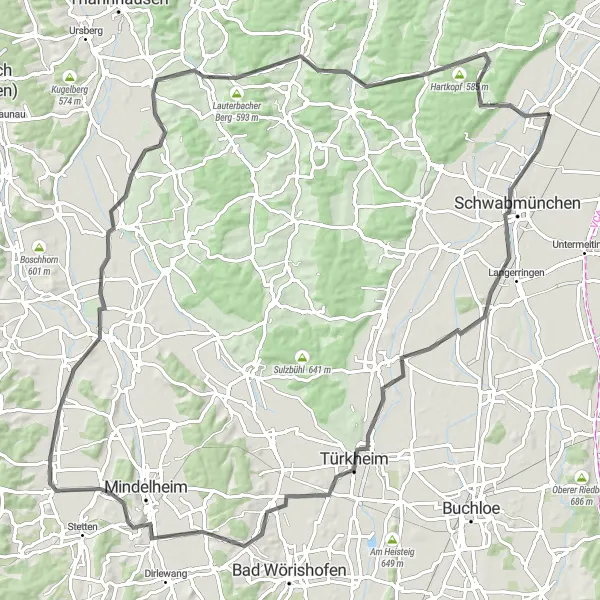 Map miniature of "The Bavarian Meadows" cycling inspiration in Schwaben, Germany. Generated by Tarmacs.app cycling route planner