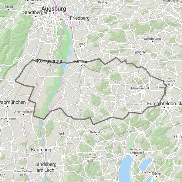 Map miniature of "The Bavarian Road Adventure" cycling inspiration in Schwaben, Germany. Generated by Tarmacs.app cycling route planner