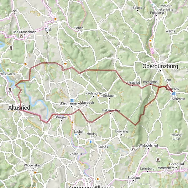Map miniature of "Gravel Adventure in the Allgäu" cycling inspiration in Schwaben, Germany. Generated by Tarmacs.app cycling route planner