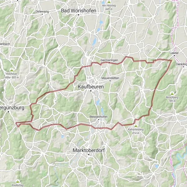 Map miniature of "The Gravel Paradise Tour" cycling inspiration in Schwaben, Germany. Generated by Tarmacs.app cycling route planner
