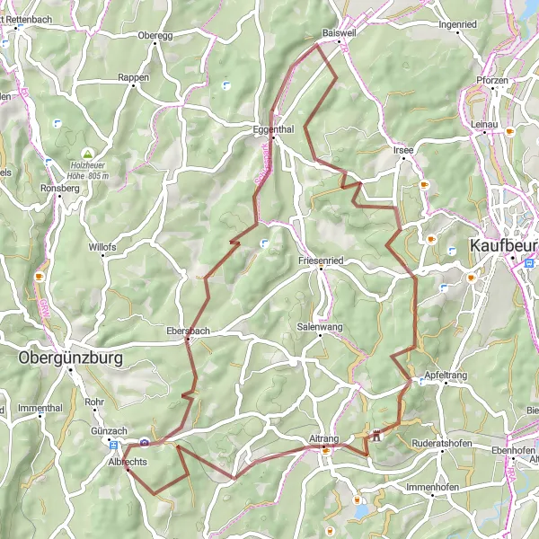 Map miniature of "Gravel Adventure: Hidden Gems of Allgäu" cycling inspiration in Schwaben, Germany. Generated by Tarmacs.app cycling route planner