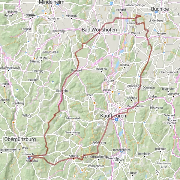 Map miniature of "Gravel Adventure through Eggenholz Forest and Kaufbeuren" cycling inspiration in Schwaben, Germany. Generated by Tarmacs.app cycling route planner
