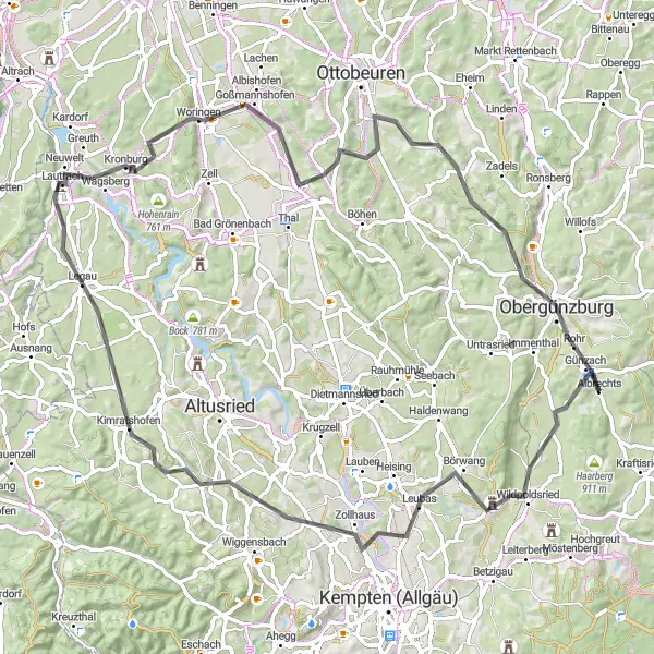 Map miniature of "The Allgäu Adventure" cycling inspiration in Schwaben, Germany. Generated by Tarmacs.app cycling route planner