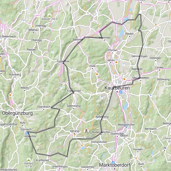 Karten-Miniaturansicht der Radinspiration "Von Günzach nach Germaringen und Kaufbeuren" in Schwaben, Germany. Erstellt vom Tarmacs.app-Routenplaner für Radtouren