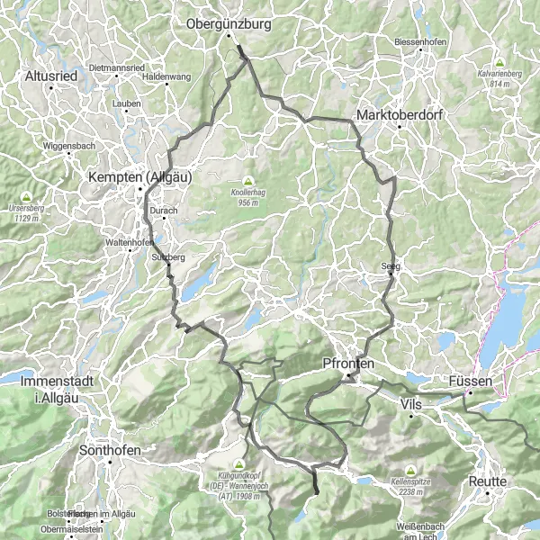 Map miniature of "Exploring Königsstrasse and Schwangau Castle" cycling inspiration in Schwaben, Germany. Generated by Tarmacs.app cycling route planner